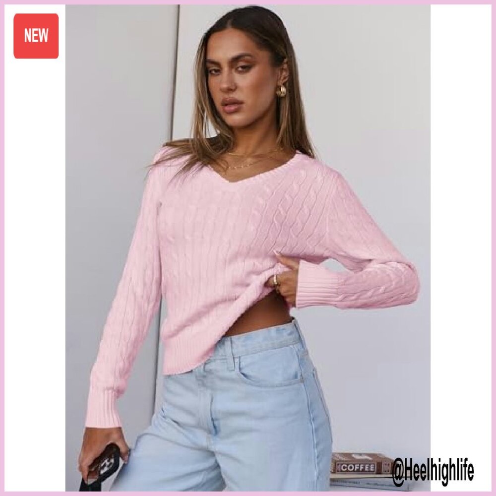 Slim Fit Cable Knit V-Neck Sweater Long Sleeve Pullover Business Casual - Picture 6 of 8